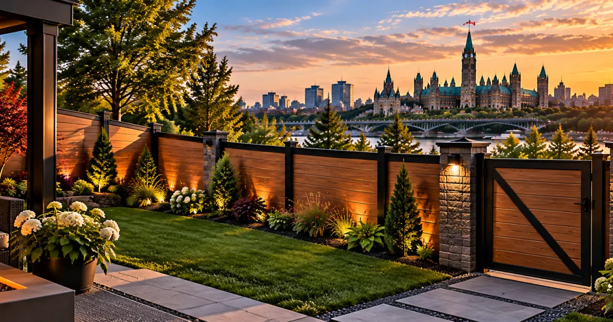 A horizontal wood-slat privacy fence with black posts and a lit stone-pier gate in a landscaped yard, with Parliament Hill and a bridge at sunset behind